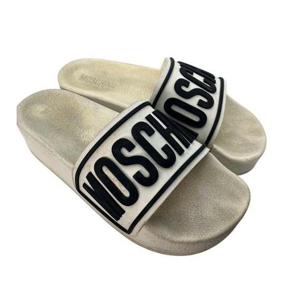 Moschino Shoes - Moschino White Black Logo Platform Slide Sandals Made in Italy Womens Size 39